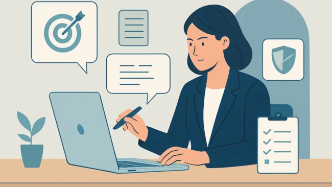 An analyst refines an unclear AI request into a structured response while checking the result against a review checklist.