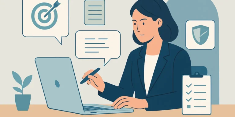 An analyst refines an unclear AI request into a structured response while checking the result against a review checklist.
