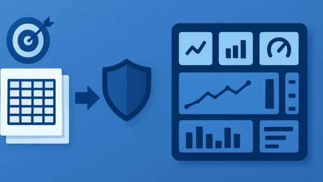 Structured Excel sales data flowing into an interactive report with KPI cards, trend analysis, category and regional comparisons, and filters.