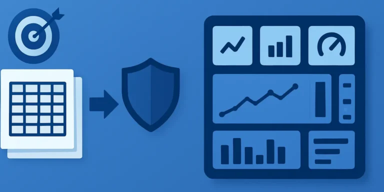 Structured Excel sales data flowing into an interactive report with KPI cards, trend analysis, category and regional comparisons, and filters.