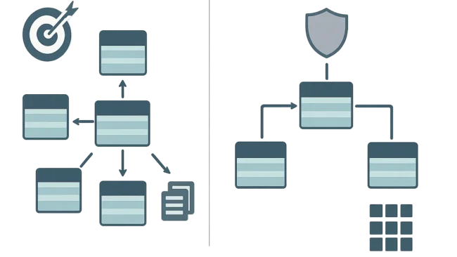 Star Schema vs Snowflake Schema in Power BI Poster comparing a direct Power BI star schema with a snowflake design that routes product hierarchy filters through additional related tables.