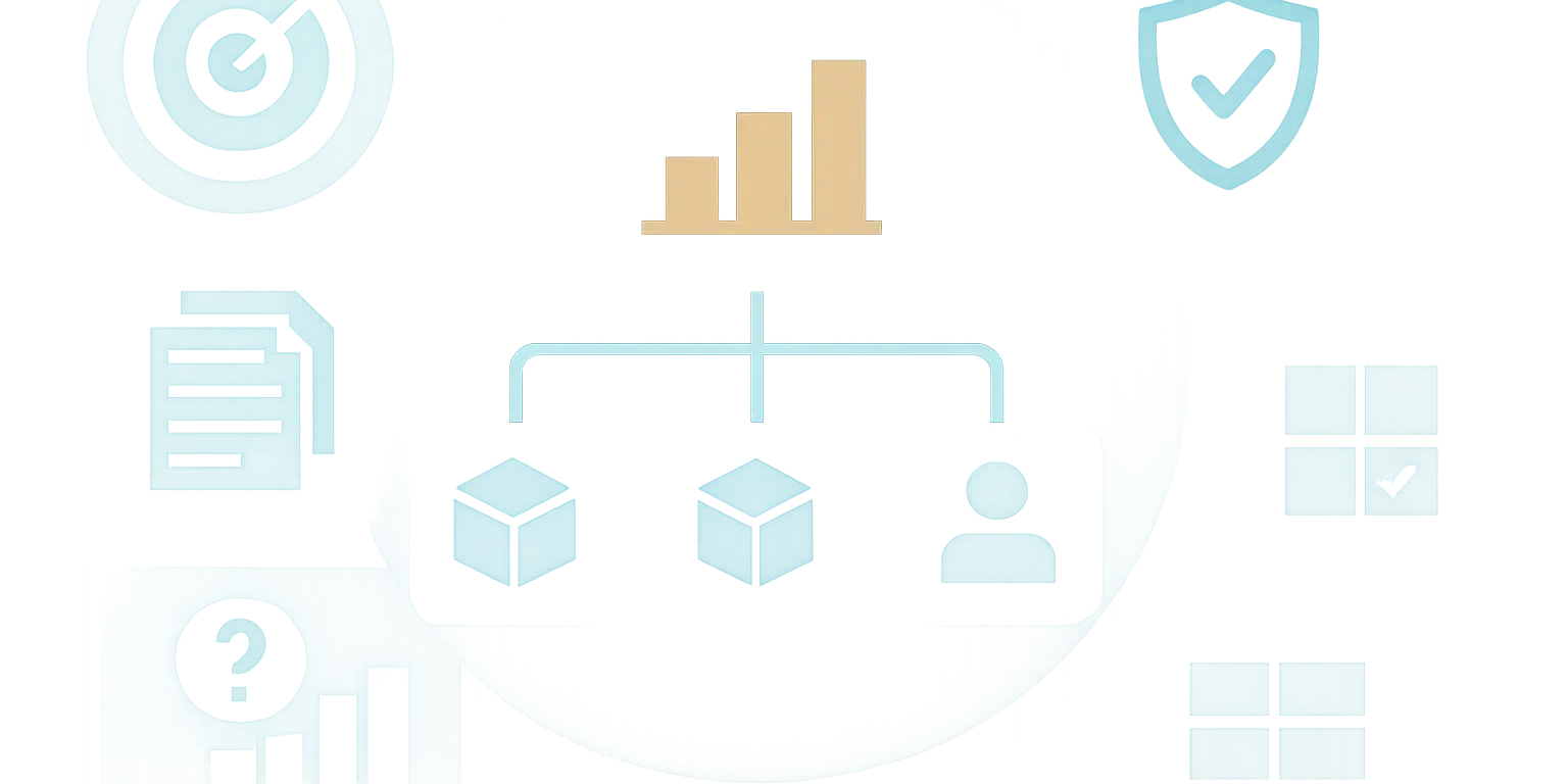 Editorial illustration of a governed Power BI semantic model connecting business dimensions with approved measures, clear metadata, secure access, and natural-language analysis.