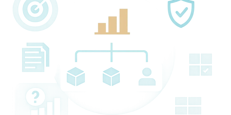 Editorial illustration of a governed Power BI semantic model connecting business dimensions with approved measures, clear metadata, secure access, and natural-language analysis.